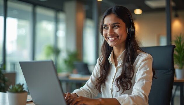 Smiling Indian woman working as a help desk specialist wears headset. Professional agent uses computer for client interaction. Businesswoman provides tech support and consulting with efficiency.