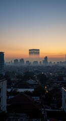 Fototapeta premium Cityscape Sunrise: A Serene Dawn Over Urban Skyline and Misty Buildings
