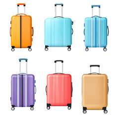 Set of various travel suitcase luggage on isolated transparent cutout PNG Background