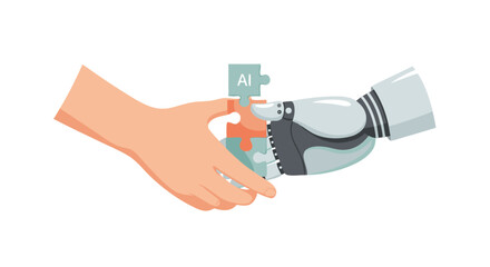 AI and Human Partnership: A symbolic representation of collaboration, with a human hand and a robotic arm joining together, completing a puzzle piece labeled AI.