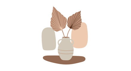 Bohemian home décor: A minimalist illustration depicts a delicate vase of dried palm leaves, complemented by soft, abstract shapes. This design exudes tranquility.