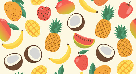 Vibrant Fruit Fiesta: A lively array of exotic fruits is scattered across the canvas, each bursting with color and freshness, celebrating nature's bounty. 