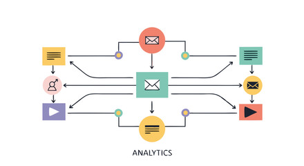 Email marketing diagram: A visually striking and schematic illustration of an email marketing system, with graphic elements like mail icon, document icon, play icon that is connected together.