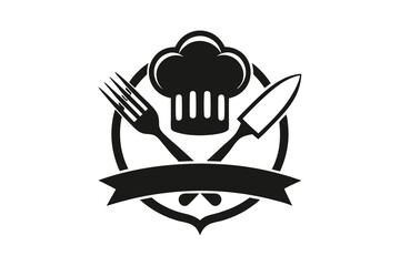 minimalist logo chef hat with spoon black and white silhouette