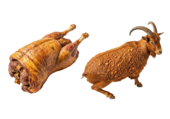 Golden-brown lamb and goat roasts on a transparent background, bright diffuse lighting with no shadows, ultra-realistic UHD food product shot, appetizing, ready-to-serve, Concept for culinary