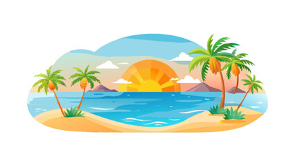 Tropical beach paradise vector illustration with palm trees sea and sun for summer vacation design asset