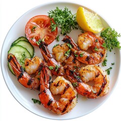Grilled shrimp on a plate, isolated on a white background, artfully arranged with garnishes for an appetizing display.