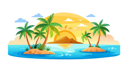 Tropical island paradise with palm trees sunset and ocean vector illustration for summer vacation