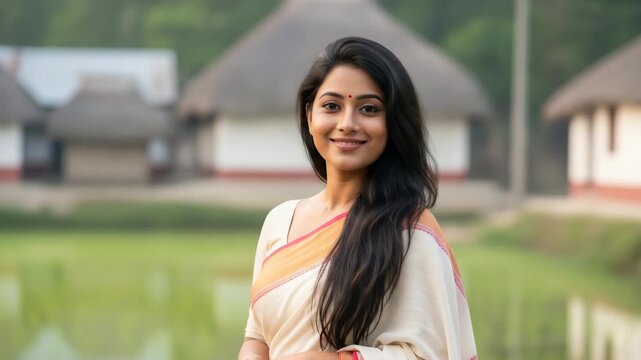 Beautiful Indian Woman Smiling In Traditional Saree In Village generative ai