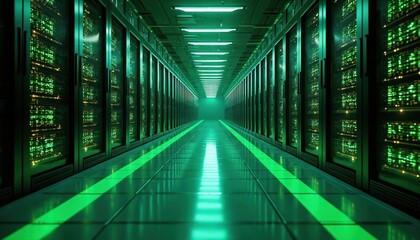 Futuristic server room hallway, glowing green. Rows of computer racks line path, reflecting light on polished floor. Advanced technology, data storage, computing power evident in high-tech