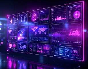 Fototapeta premium Futuristic holographic user interface, floating screens with purple and pink neon glow, dark background, sci-fi aesthetic, data visualization elements, high-tech design, hyper-realistic