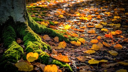 Vibrant Autumn Leaves on Forest Floor with Mossy Tree Roots