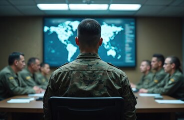 Military personnel in command center analyze global threats on large screen displaying world map. Teams collaborate in strategic planning session. Focus on mission objective, operational tactics,