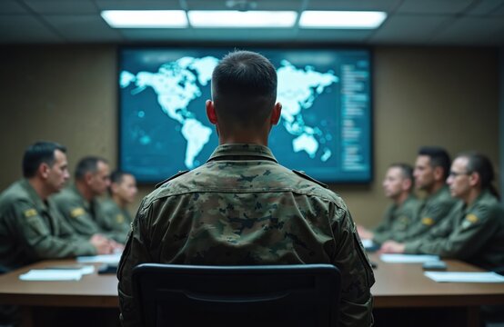Military personnel in command center analyze global threats on large screen displaying world map. Teams collaborate in strategic planning session. Focus on mission objective, operational tactics,