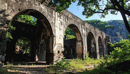 Ancient building nestled amidst lush green trees creating a picturesque scene with copy space for text placement