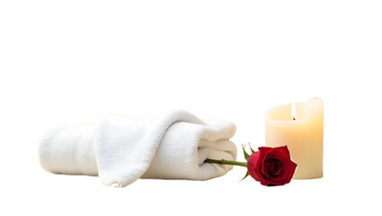 Red rose in white towel with candle &mdash; PNG for spa, romance, or wellness themes.