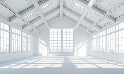Sunny white loft interior with big windows. Generative Ai