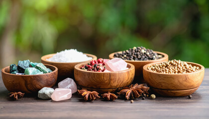 A collection of natural ingredients including various minerals with ample copy space for text and messaging purposes