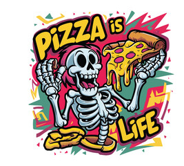 Skeleton eating pizza with colorful background cheese