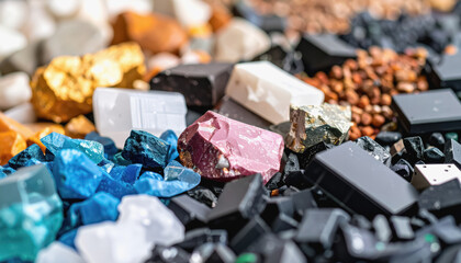 A pile of crystals displaying various shapes and colors representing e-waste minerals with space for text