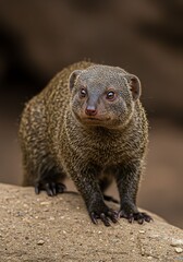Close-up of a Small Curious Mongoose Standing on Sandy Ground in Natural Outdoor Setting