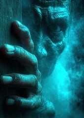 Fototapeta premium Haunting blue shadow behind wooden door, eerie hand reaching through mist, dramatic cinematic horror scene with mysterious figure and intense atmosphere 