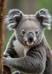 Obraz premium Young Gray Koala Bear Clinging to Tree Branch in Natural Forest Setting
