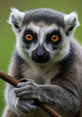 Obraz premium Lemur with Bright Orange Eyes Holding Branch in Green Forest