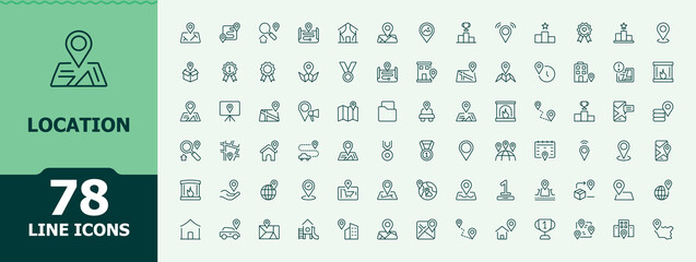 Location line icon set. Minimalist editable vector stroke. Related to place, destination, pointer, map, pin, navigator. Pixel perfect. Editable stroke. Position icon set.