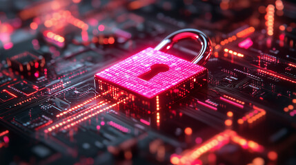 Digital padlock with glowing pink lights is placed on a circuit board, symbolizing cybersecurity and data protection in a modern technological environment