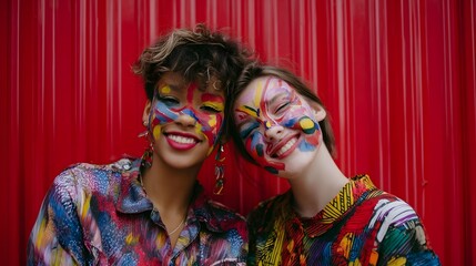 Two smiling women stand in front of a red wall their faces adorned with vibrant abstract face paint patterns that exude a expressive vibe