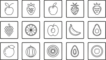Collection of black and white line art icons of various fruits apple strawberry