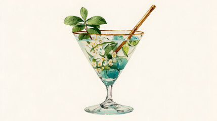 "Elegant V-Shaped Cocktail Glass with Fancy Straw Decoration – Watercolor Style"