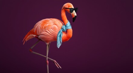 Quirky flamingo wearing sunglasses and a silk scarf, perfect for adding a touch of playful elegance