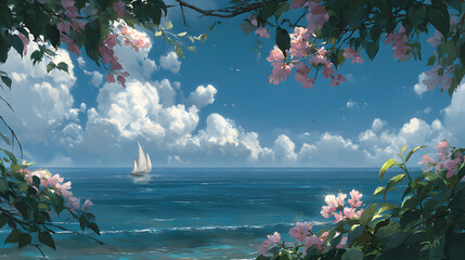 "Tranquil Seascape with Sailboat and Pink Flowers in the Sky"