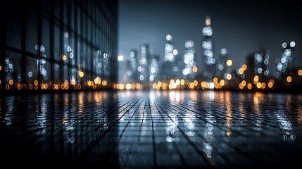 **Minimal Business Theme With Soft-Focus Bokeh Lights And Blurred Urban Skyline Silhouettes In The Distance. Blue-Toned Transparent Layers In Foreground Mimic Corporate Layout Grids. This Abstract Yet