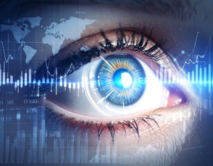 Close-up of a human eye overlaid with digital data visualizations, suggesting technological integration and data analysis