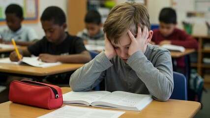 A frustrated young boy clutches his head while studying a book in a busy classroom setting