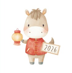 Adorable Watercolor Pony Celebrates 2026, Holding a Lantern and Sign