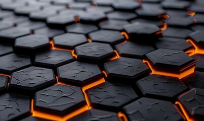 Obraz premium Textured dark hexagonal pattern with orange glow futuristic technological design