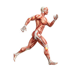 Anatomical illustration depicting a human figure in motion showcasing muscles and skeletal structure during a running stride.