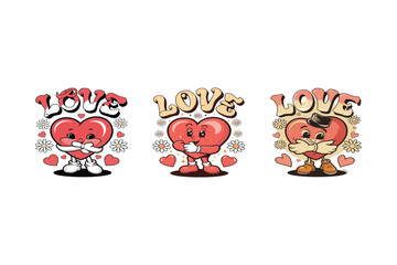 Groovy heart characters with love text retro