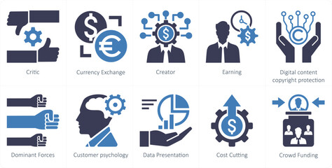 Fototapeta premium A set of 10 mix icons as critic, currency exchange, creator