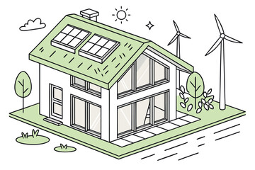 Illustration of a modern house with solar panels on the roof and wind turbines in the background scenery