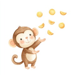 Adorable Watercolor Monkey Juggling Citrus Slices, a Delightful and Playful Illustration.