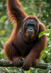 Young Orangutan Sitting on Tree Branch in Dense Green Jungle