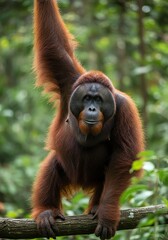 Fototapeta premium Young Orangutan Hanging From Tree Branch in Dense Jungle Environment
