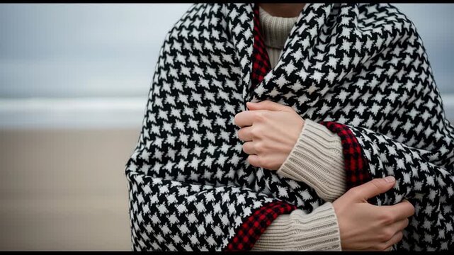Cozy moment wrapped in a houndstooth blanket against a serene blurred outdoor backdrop
