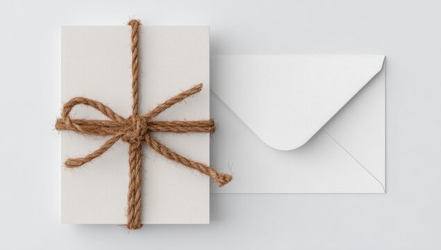 White gift card or note tied with a natural jute string, next to an envelope