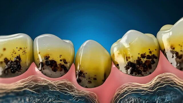 A 3D medical animation showing severe tooth decay, plaque, and calculus buildup on stained teeth and gums